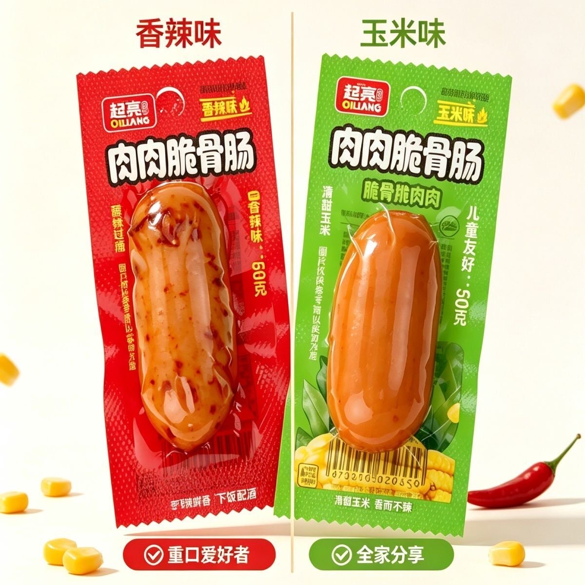 【新日期】起亮50g肉肉脆骨肠香辣玉米熏煮脆皮香肠方便速食