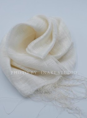 稻荷Inari 白色丝棉混纺围巾180cm草木植物染扎染印染蓝染蜡染DIY