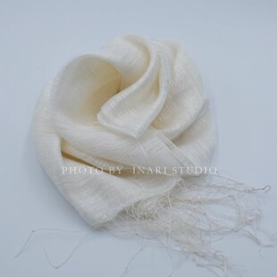 稻荷Inari 白色丝棉混纺围巾180cm草木植物染扎染印染蓝染蜡染DIY