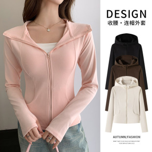 150矮小个子连帽卫衣外套女春秋季新款修身收腰瑜伽运动上衣拉链