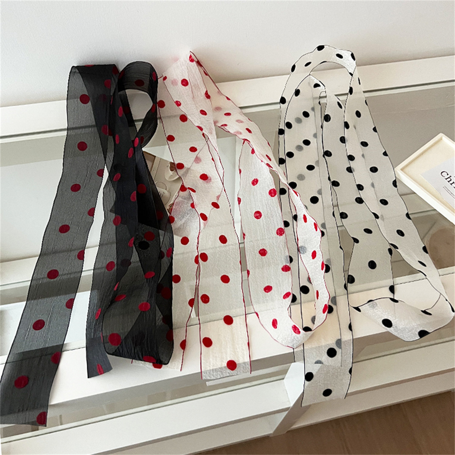 黑色波点长条丝巾女2026新款系脖高级感蕾丝飘带春夏装饰编发领巾