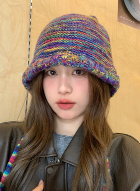 彩色渐变毛线帽子女秋冬显脸小保暖包头雷锋帽民族风针织套头帽子