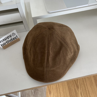 早秋穿搭bi入 棕色系麂皮绒复古前进帽子女秋冬百搭画家帽鸭舌帽