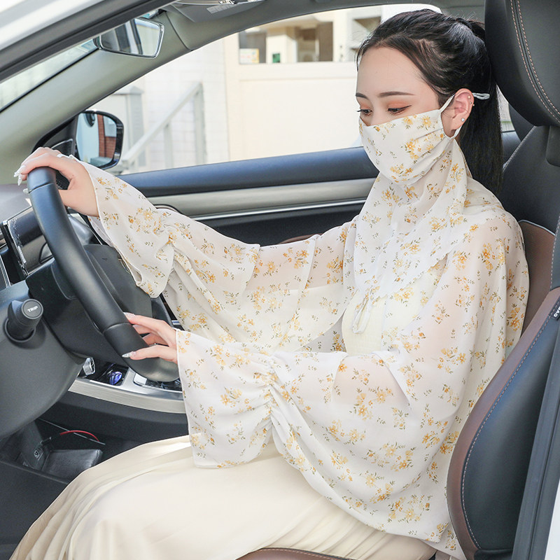 手套女夏开车防晒装备薄长宽松防紫外线冰丝袖套护臂练车披肩面纱