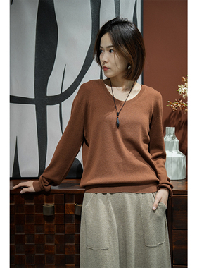 休闲U领48支精纺细羊毛百搭宽松针织衫NGCX23116