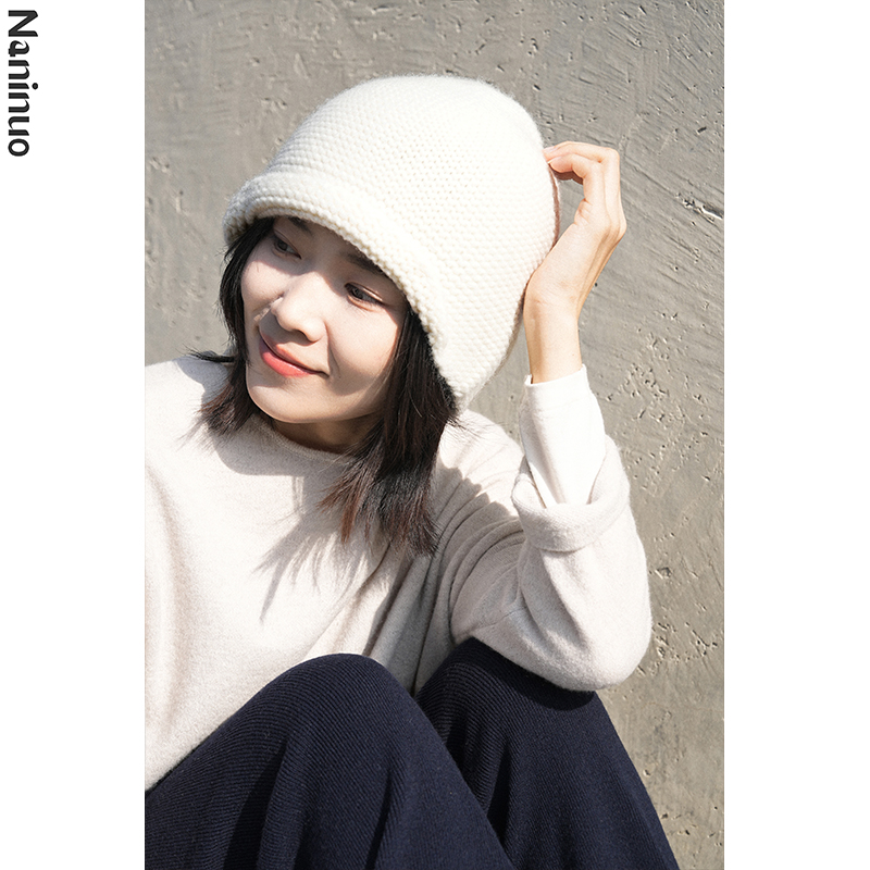 粗棒针翻边羊绒帽针织保暖