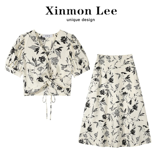 朵来美水墨画印花套装裙女2025年夏季新款法式高级感超好看半身裙