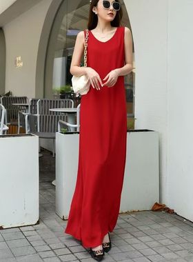 红色雪纺连衣裙夏大码高个子a字裙脚裸超长裙宽松拖地吊带背心裙