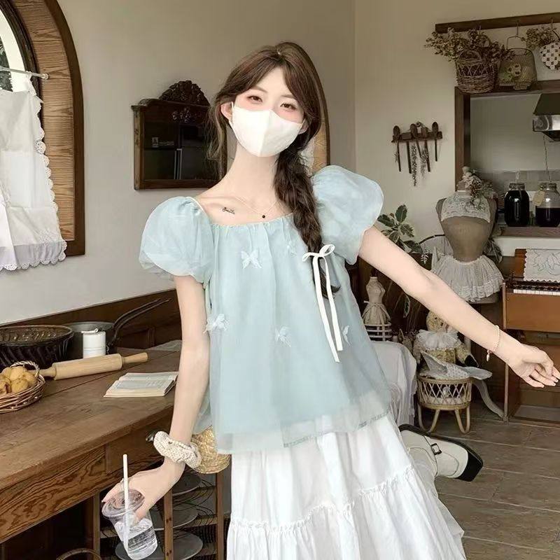 泡泡袖雪纺上衣女肚子短袖衬衫图片