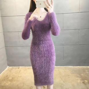 仿貂绒秋冬新款加厚修身针织毛衣连衣裙中长款配大衣打底衫百搭