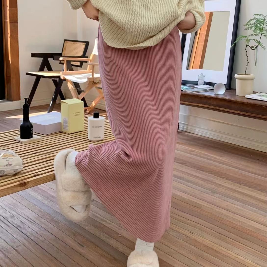 灯芯绒A字半身裙女秋冬款胖妹M松紧高腰直筒裙子显瘦长裙纯色百搭