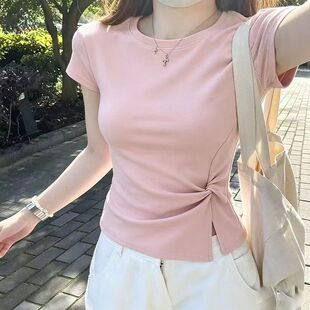 夏韩版不规则T恤抽褶下摆开叉显瘦遮肉休闲洋气女士打结短袖上衣