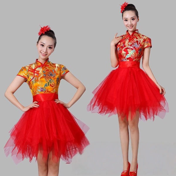 2020新款现代舞蹈表演服舞台演出服装短款古典旗袍蓬蓬裙广场舞