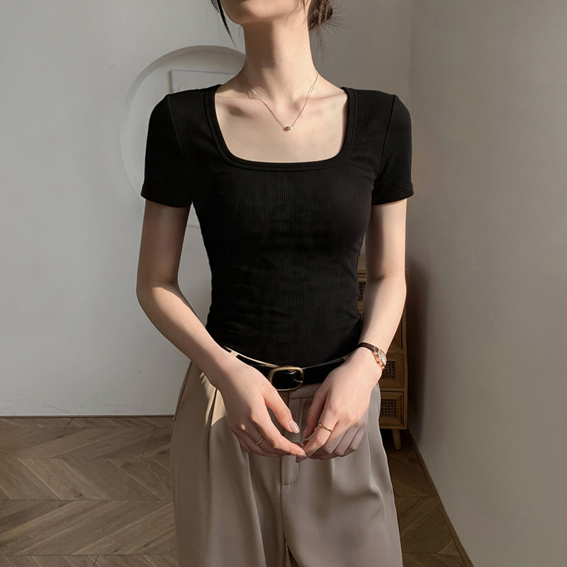 黑色方领短袖t恤女正肩2026新款夏罗纹针织修身显瘦时尚打底上衣