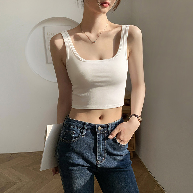白色方领美背吊带背心女内搭夏季短款露脐打底外穿带胸垫一体上衣