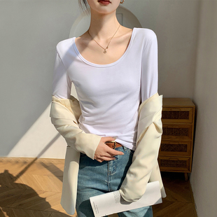 白色纯棉U领内搭打底衫女2026新款秋冬低领大领修身加绒长袖上衣