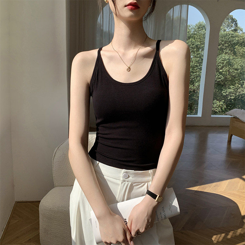 黑色螺纹针织吊带背心女内搭2026新款夏带胸垫一体美背可外穿上衣