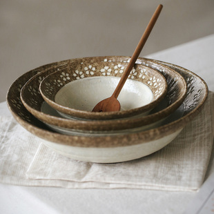 拾器集陶瓷浅汤碗干拌面中式复古做旧手绘浮雕高颜值宽口盛汤菜盆