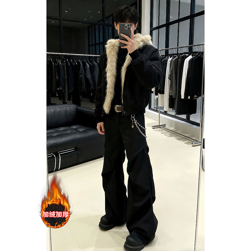 黑色褶皱加绒西裤男款冬季高个子加长提档裤子加厚美式直筒微喇裤