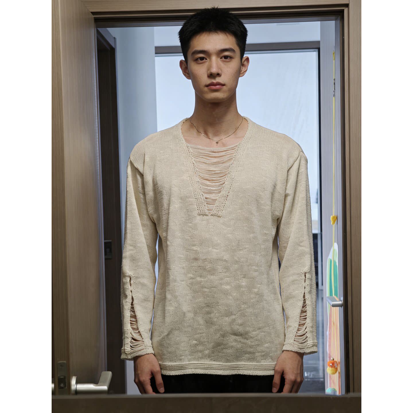 设计感镂空v领针织长袖t恤男夏季薄款凉感防晒罩衫人夫感穿搭上衣