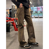 男款 裤 冬季 咖色纯棉直筒牛仔裤 加绒美式 复古工装 子斜切弯刀微喇裤