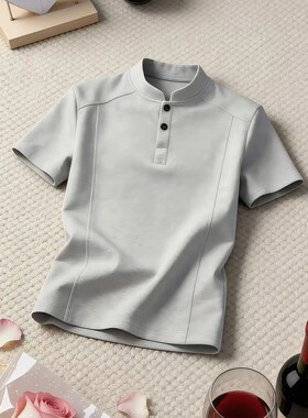 麻灰色亨利领短袖t恤男夏季美式宽肩显瘦polo衫cleanfit正肩半袖