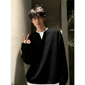 黑色美式 重磅华夫格V领卫衣加绒内搭打底衫 假两件长袖 t恤男秋冬季