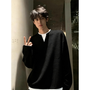 黑色美式假两件长袖t恤男秋冬季重磅华夫格V领卫衣加绒内搭打底衫
