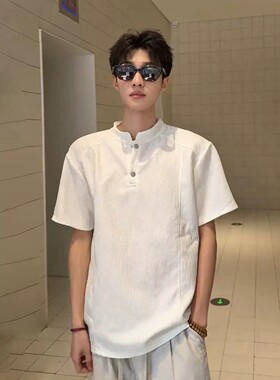 白色树纹肌理感亨利领短袖男款夏季冰丝凉感t恤高级感正肩polo衫