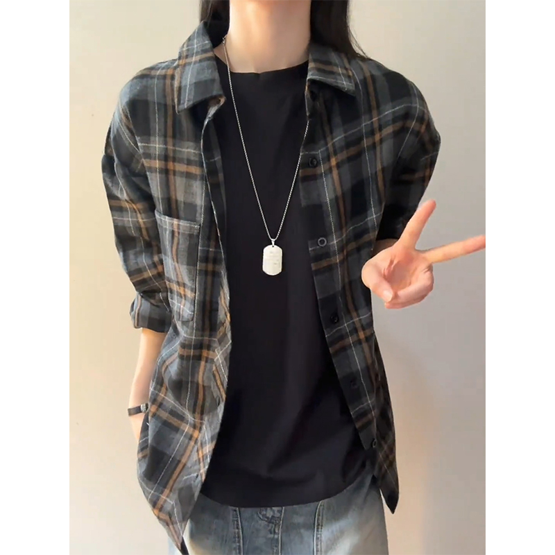 美式复古格子衬衫男秋季