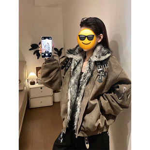 美拉德棕咖色毛领十字架座山雕外套棉服男女冬季加厚保暖棉衣夹克