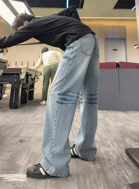 蓝色闪电纹牛仔裤男款美式高街微喇直筒裤痞帅斜切弯刀工装裤子