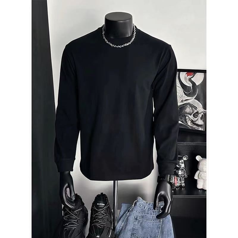 黑色正肩修身长袖t恤男生春秋季重磅小领口打底衫高级感纯棉卫衣