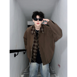 古着vintage棕色外套男秋冬美拉德穿搭假两件夹克棉服翻领棒球服