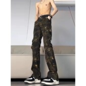 复古迷彩工装 高腰提档直筒微喇长裤 裤 高街痞帅vibe牛仔裤 男款 美式