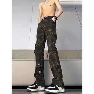 美式复古迷彩工装裤男款高街痞帅vibe牛仔裤高腰提档直筒微喇长裤