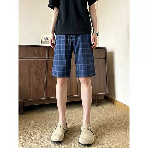 藏青格子男冰丝速干运动四分裤