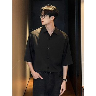 高级感宽松内搭叠穿衬衣冰丝垂感五分袖 男款 衬衫 那不勒斯黑色短袖