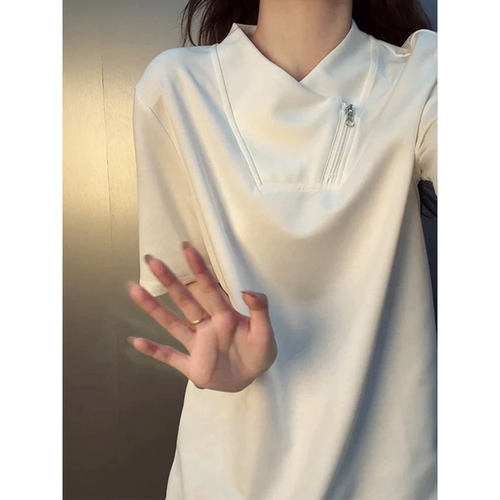 白色美式重磅立领斜拉链T恤男