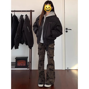 痞帅迷彩工装裤子男款冬季美式复古加绒长裤cleanfit微喇叭直筒裤