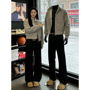 美式高街短宽boxy立领棉服男款冬季羊羔绒保暖棉衣扎染PU皮衣外套