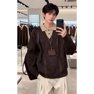 韩版高级感假两件毛衣男款冬季美拉德老钱风加厚针织衫复古打底衫