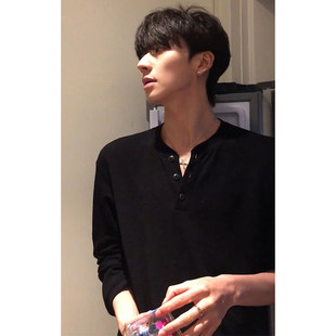 美式亨利领华夫格长袖t恤男款高级感黑色卫衣cleanfit内搭打底衫