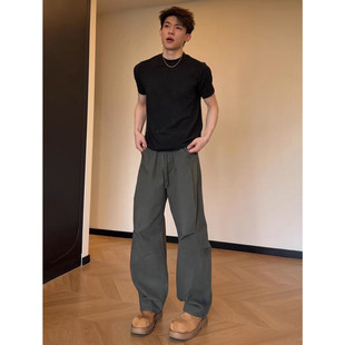 春夏季 薄款 美式 军绿色弯刀工装 子宽松阔腿休闲裤 男款 褶皱伞兵裤 裤