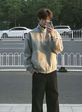 灰色扎染pu皮夹克男款春季美式立领棒球服cleanfit短款机车服外套