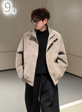 灰色pu皮立领夹克男款春季美式复古廓形短款外套高级感痞帅机车服