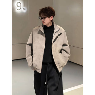 灰色pu皮立领夹克男款春季美式复古廓形短款外套高级感痞帅机车服