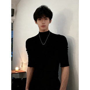 黑色修身德绒打底衫男款冬季加绒加厚半高领长袖t恤保暖内搭卫衣