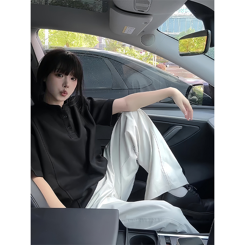 黑色亨利领短袖polo衫男款