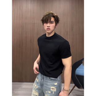 收袖 黑色内搭半袖 口正肩t恤男款 速干显肌肉运动健身短袖 夏季 美式